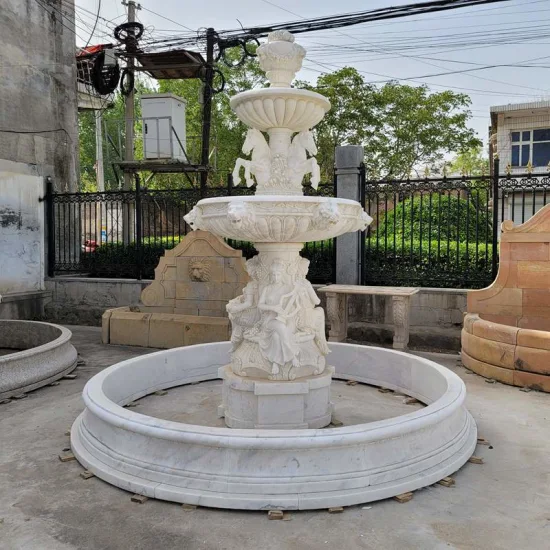 Fontaine d'eau à 3 niveaux en marbre blanc sculpté à la main pour jardin extérieur de taille personnalisée à vendre